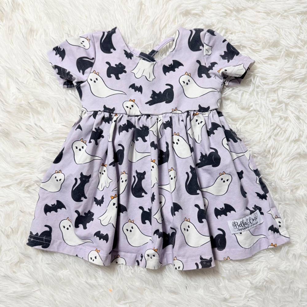 Bella & Omi Halloween Ghost Black Cat Dress 12/18M Purple Criss Cross Back